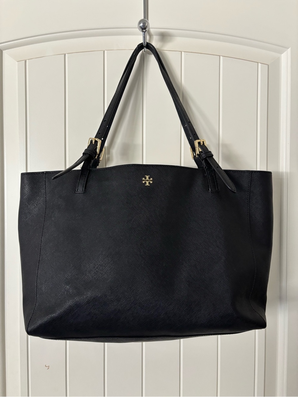 Authentic Tory Burch York Buckle Leather Tote Bag Black Saffiano Gold Hardware L